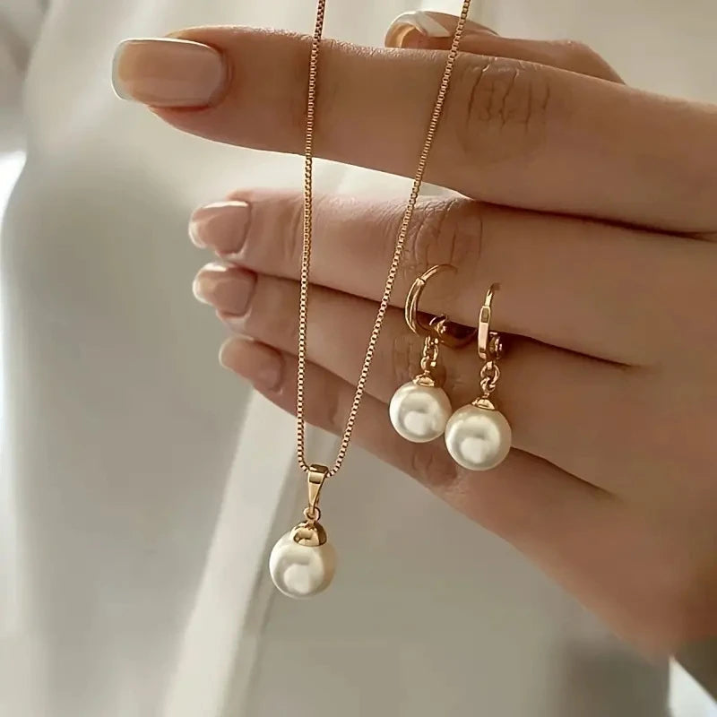 Fashion Elegant Imitation Pearl Jewelry Set for Women Exquisite Pendant Necklace Earrings Bridal Wedding Party Unique Gifts