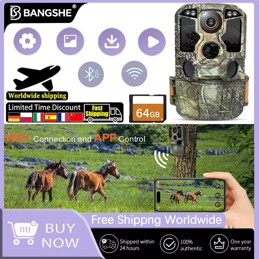 Infrared Night Vision Trail Camera-WiFi 4K 48MP, 0.05s Motion Activated Trigger,Wildlife Photo Traps,IP67 Waterproof Wild Camera