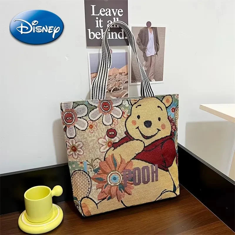 Disney Pooh Bear Shoulder Bags Cute Cartoon Winnie Retro High-capacity Canvas Outdoor Storage Bag Women Girl Handbags Beach Bag