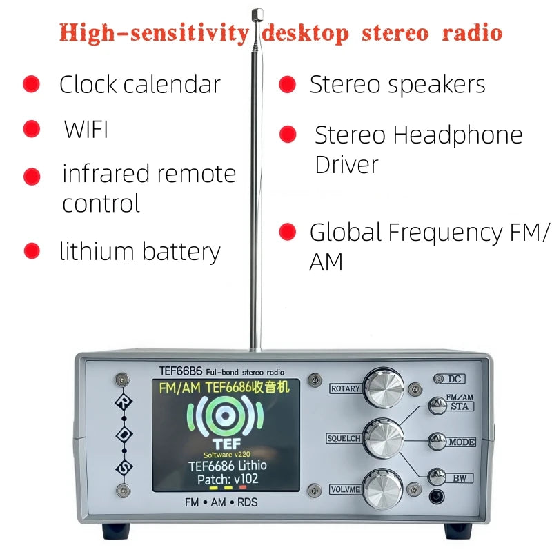 Stereo Desktop FM Radio, High-Sensitivity TEF6686 Stereo Radio, FM/AM Global Band Radio Receiver, 65MHz-108MHz
