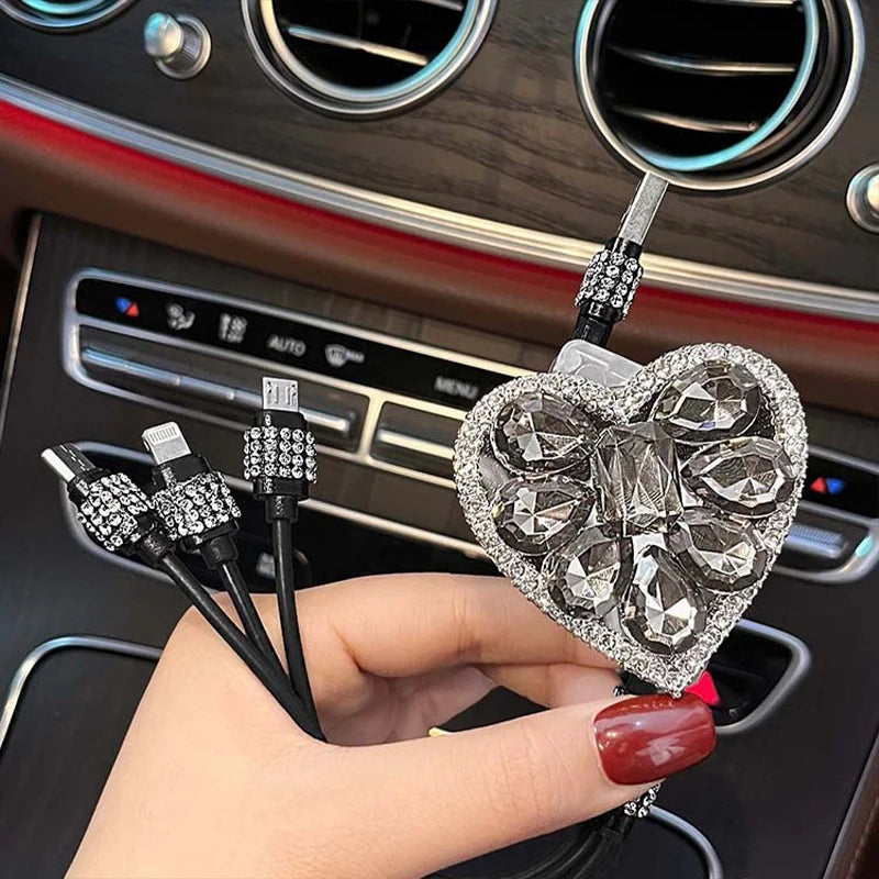 3 IN 1 Bling Charging Cable Diamond Goddess Love USB Multi Charging Cable Rhinestone Car Fast Charger Woman Car Accessories