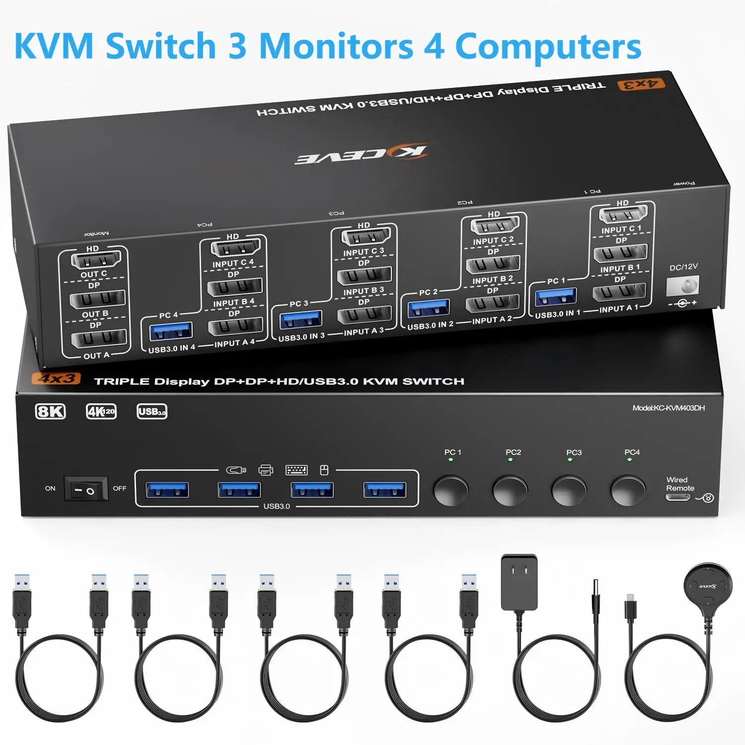 KVM Switch 3 Monitors 2/3/4 Computers,USB 3.0 HDMI+DisplayPort 8K@60Hz/4k@144Hz Triple Monitor Switch for 2 PC Share 4 USB 3.0
