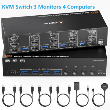 KVM Switch 3 Monitors 2/3/4 Computers,USB 3.0 HDMI+DisplayPort 8K@60Hz/4k@144Hz Triple Monitor Switch for 2 PC Share 4 USB 3.0