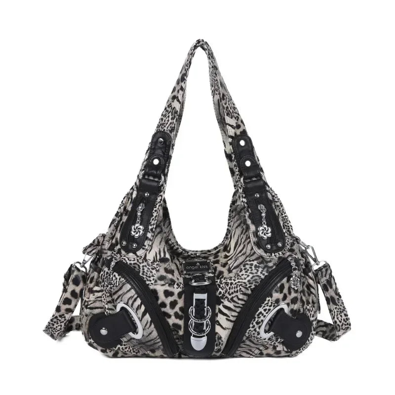 Women Vintage Leopard Print Handbags Punk Biker Satchel Top-handle Shoulder Bag Ladies Underarm Bags Multi-pockets Dumpling Pack