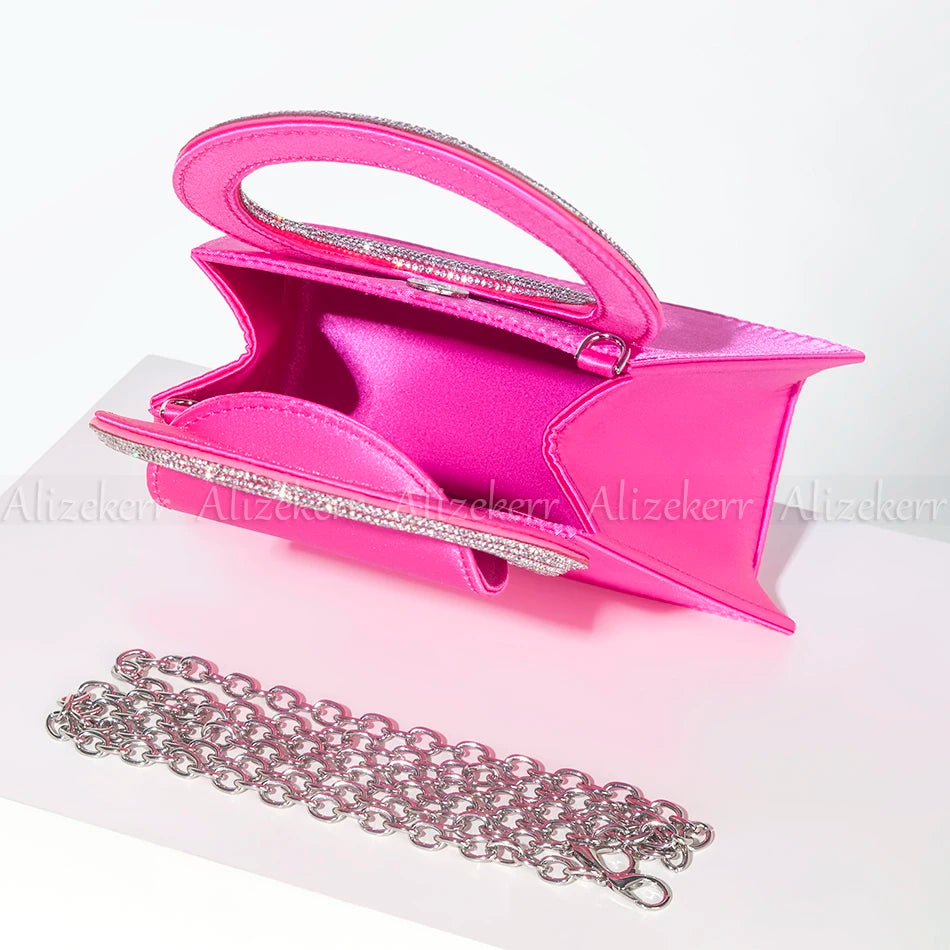 Bling Rhinestone Satin Handbags Women 2023 Elegant Boutique Round Crystal Handle Trapezoid Evening Clutch Purses Wedding Party
