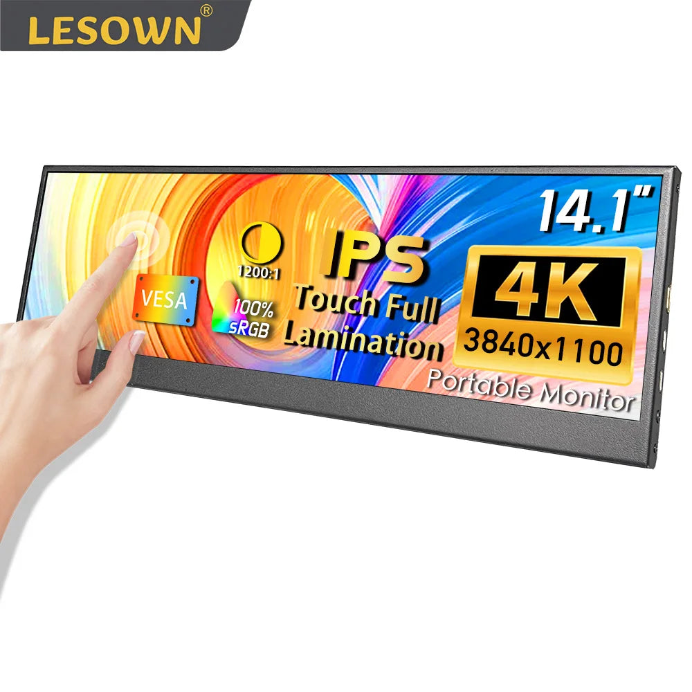 LESOWN 14.1 inch Long Portable Monitor 4K Ultra Wide Touch Screen Capacitive USB C HDMI IPS Laptop PC External LCD Monitor