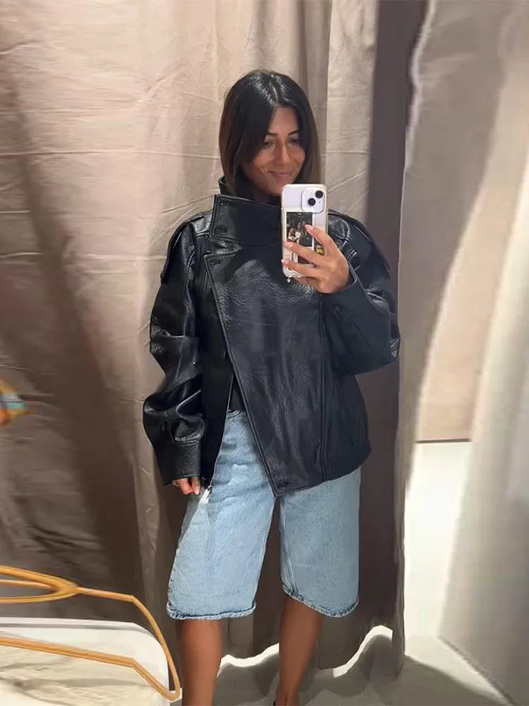 Slant Opening Faux Leather Jacket Women Vintage Stand Collar Epaulet Long Sleeve Pocket Coats New Early Autumn Ladies Outerwears