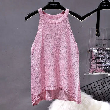 summer bling bling pink tanks tops women shiny party tanks tops sleeveless sequined knitted tank top