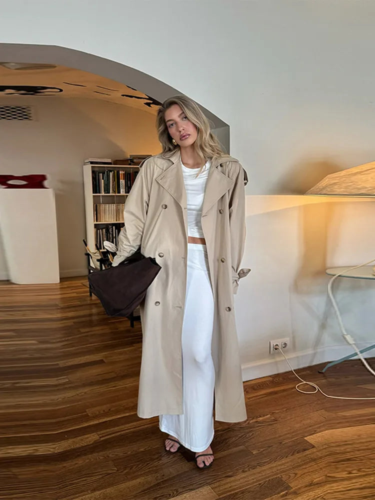 Solid Lapel Belted Waist Women Trench Coat Double Breasted Long Sleeve 2025 Autumn Elegant Maxi Overcoat Chic Lady Outerwear