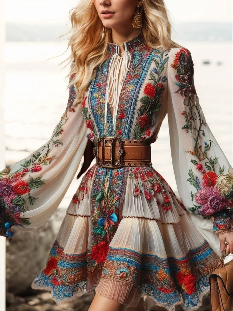 Floral Printed Elegant Dress Lantern Sleeve Lace-up High Waist Pleated A-Line Mini Dress Vintage Ethnic Mini Dresses 2025