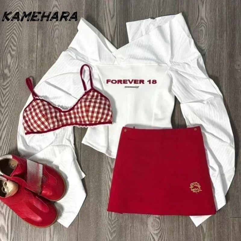 KAMEHARA Autumn Korean Fashion Slim 3-piece Sets Women Streetwear Y2k Long Sleeve Square Sling Tops Chic High Waist Thin Skirts