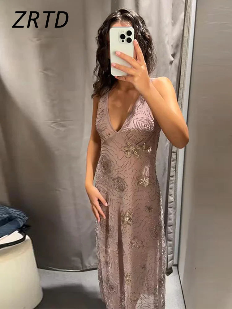 Sexy Beaded Embroidery Beach Long Dress Women Snowflake Sequined V-neck Backless Sleeveless Party Dresses 2025 Summer Ball Gowns