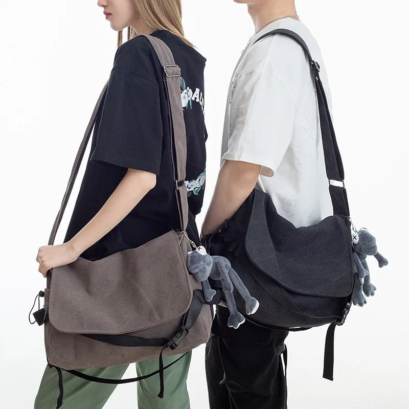 Solid Color Flip Cover Canvas Crossbody Bag for Men Simple Shoulder Bag, Casual Students School Bags, Teen Messenger Bag Satchel