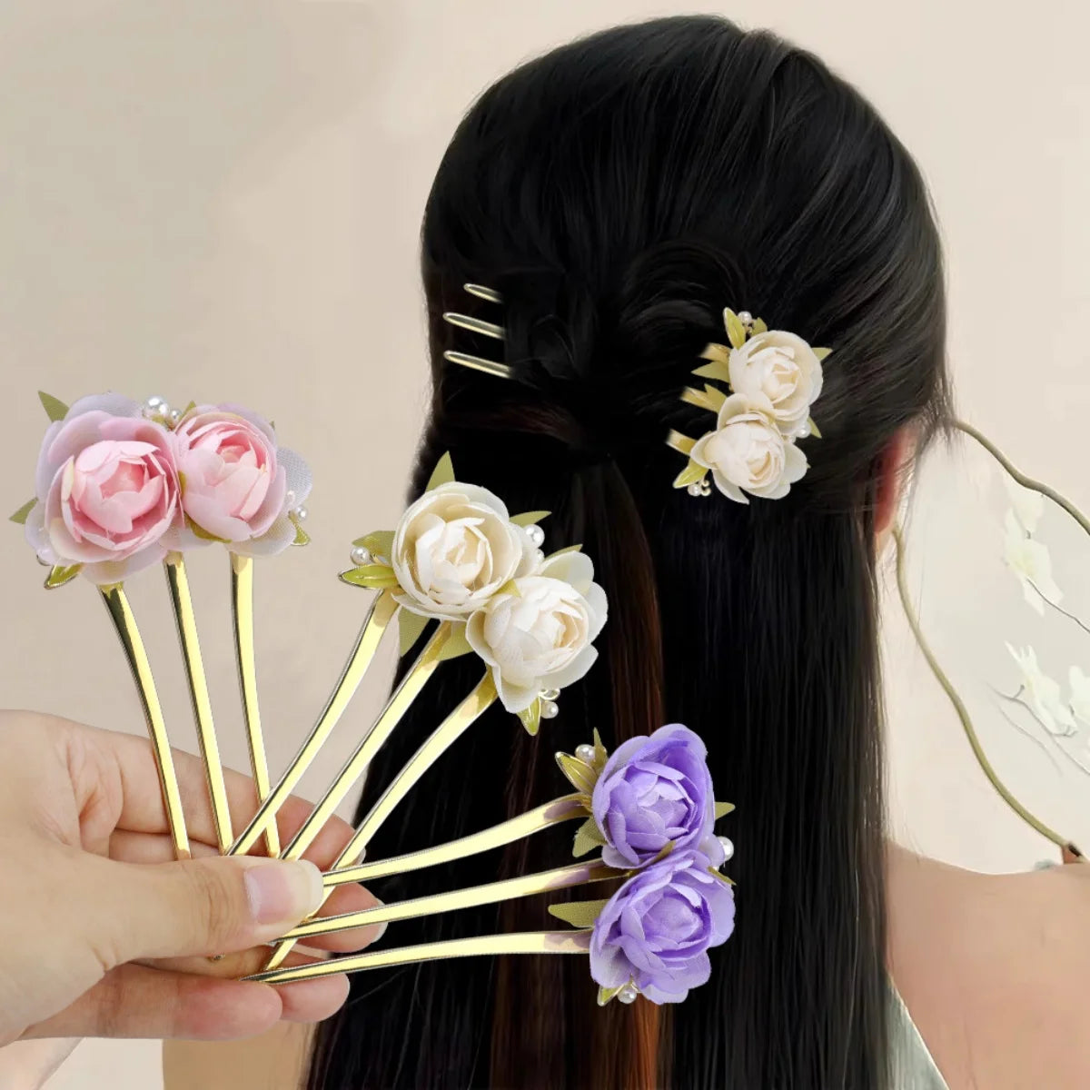 Elegant Flower Hairpin For Women Sweety Peony U Shaped Hair Stick Girls Fashionable Hair Accessories Gauze Floral Hair Pin NEW