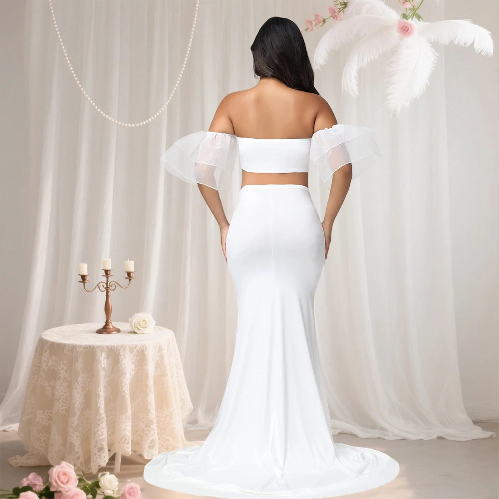 Maternity Ouifits 2Pc Organza Sleeves Tube Top and Mermaid Hem Maxi Dress for Baby Shower Photoshoot