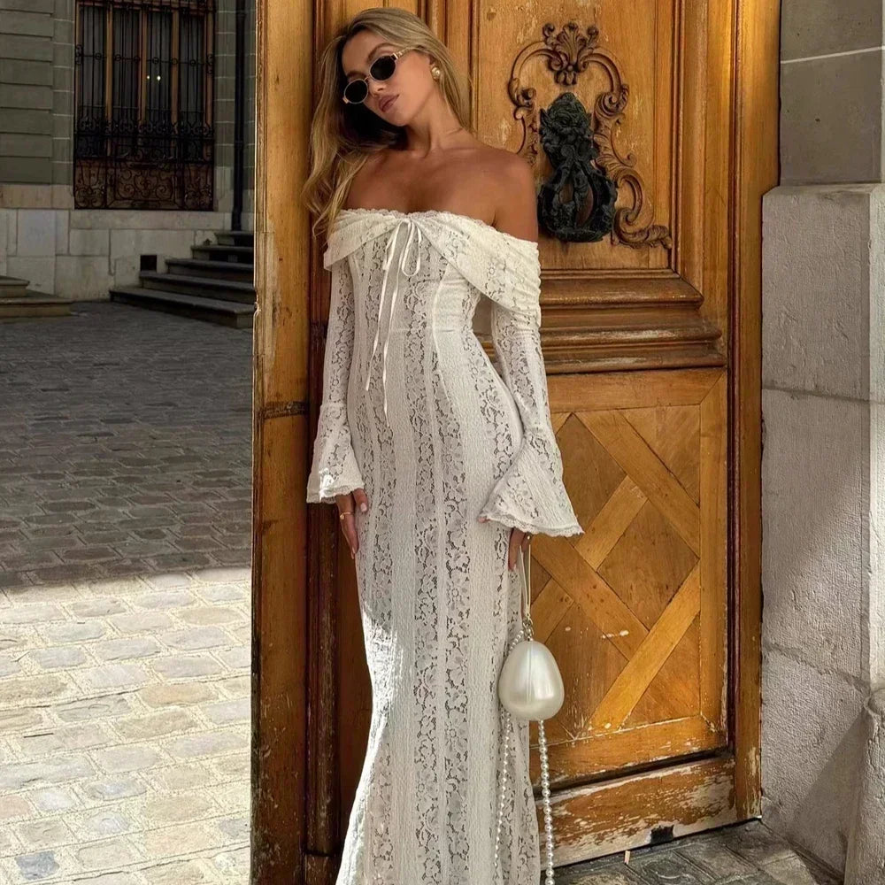 Suninheart White Off the Shoulder Autumn Bodycon Dress 2025 Long Sleeve Elegant Lace Maxi Dress Wedding Guest Dress for Women