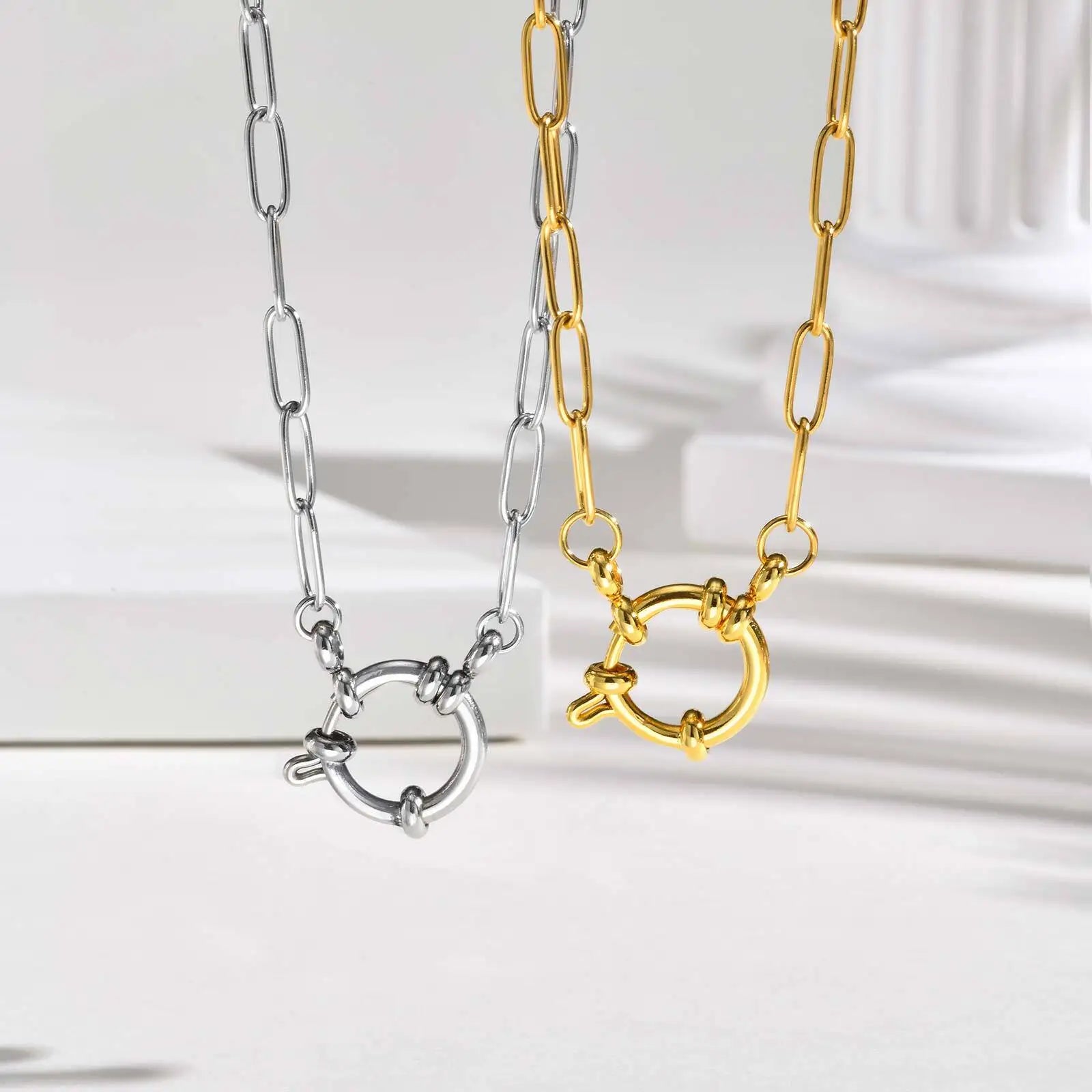 Vnox 2 Color Rectangular Chain 40cm Necklaces For Women, Stainless Steel Round Buckle Pendant, Metal Choker Neck Jewelry Gifts