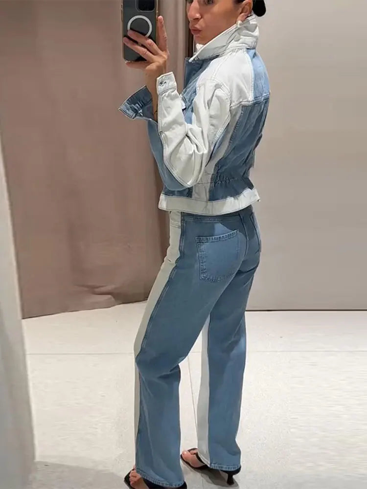 Street Denim Panelled Slim Women 2 Pcs Suits Lapel Long Sleeve Single Breasted Coats Straight Pants New Early Autumn Lady Outfit