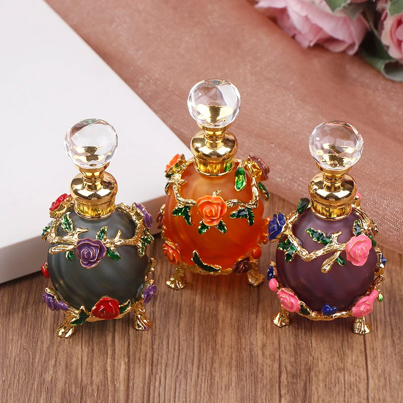 1Pc Dubai 15ML Beauty Salon Flowers Glass Perfume Empty Bottle Vacuum Bottle Essential Oil Olive Oil Reusable Storage Bottle