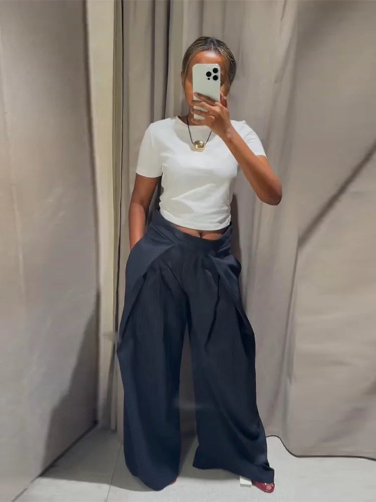 Chic Stripe Printed Pleated Pants For Women Fashion Pocket High Waist Wide Leg Casual Long Trouser Lady 2025 Autumn Streetwear
