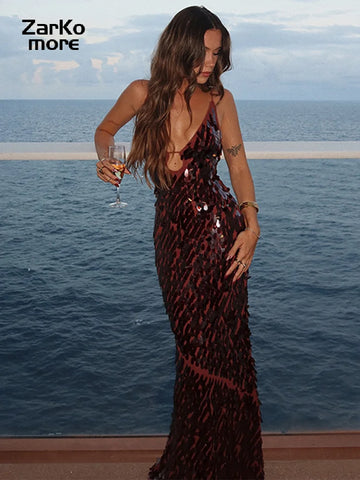 Sexy Sequin Long Party Dress Women Slip Hollow Out Shiny Backless Sleeveless Maxi Dresses Female 2025 Summer Lady Slim Robes