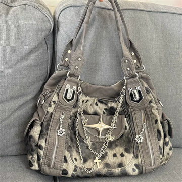 Grey Leopard Print Hangbag Cross Star Subculture Y2k Shoulder Bags Hot Girl Tote Large Capacity Portable Messenger Bag 2024 New