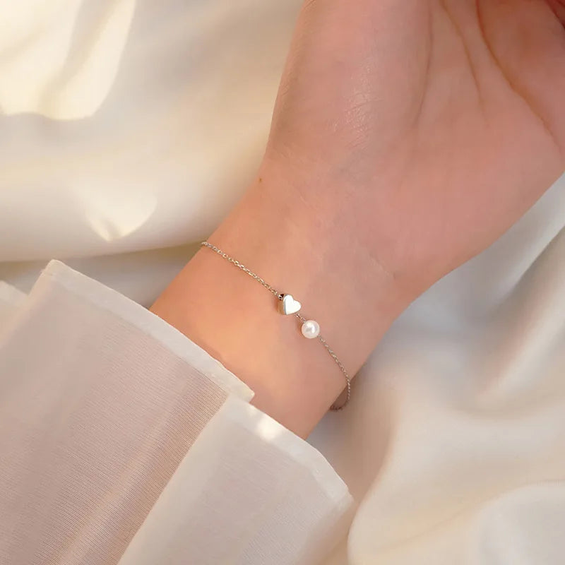 925 Sterling Silver Pearl Heart Chain Couple Korean Bracelet Chain  Women's Hand Bracelets Party Charm Jewelry Argent 925