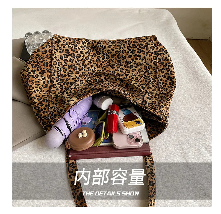 Leopard Pattern Tote Bag Vintage Canvas Shoulder Bag Fashion Big Capacity Handbag For School Work Shopping