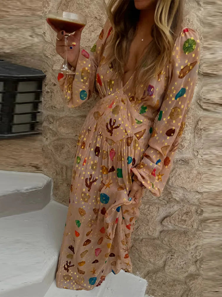 Bohemian Printed Patchwork Maxi Dress For Women Elegant Puff Full Sleeve V-neck A-line Dress Lady 2025 Autumn Beach Party Robe