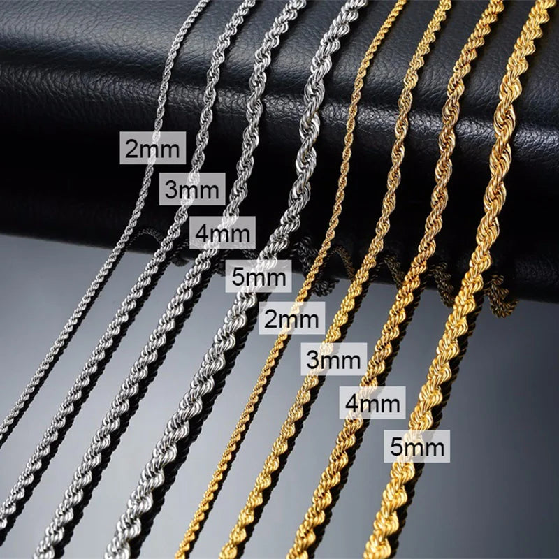 Ropes Long Necklace for Men Women, Stainless Steel Minimalist Twist Rope Chain Necklace,Punk Gold Silver Black Color 2 TO 5mm