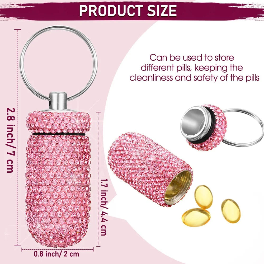 Bling Pill Container Portable Pill Bottle Case Waterproof Travel Medicine Box Crystal Mini Pill Holder Storage With Keychain