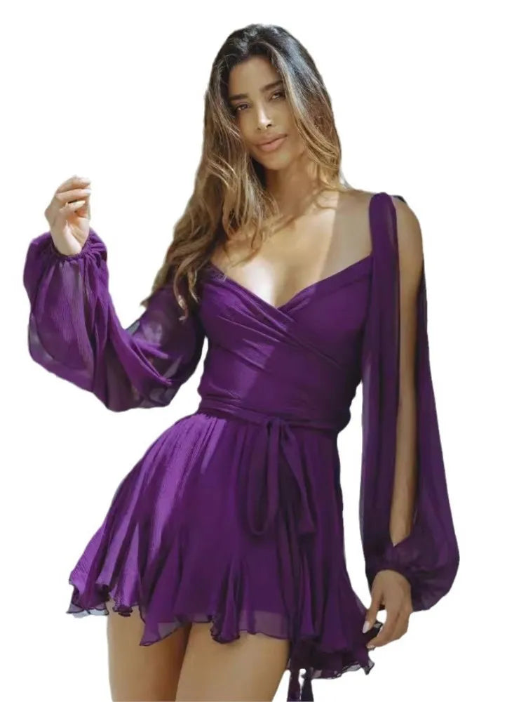 Women's New Mesh Long-sleeved Short Dress Solid Color Temperament Casual Fashion Suspender Backless Slim Irregular Dress