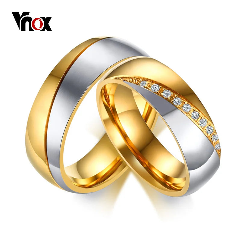 Vnox Temperament Wedding Rings for Women, Men CZ Stones Stainless Steel Engagement Band Anniversary Personalized Gift Jewelry