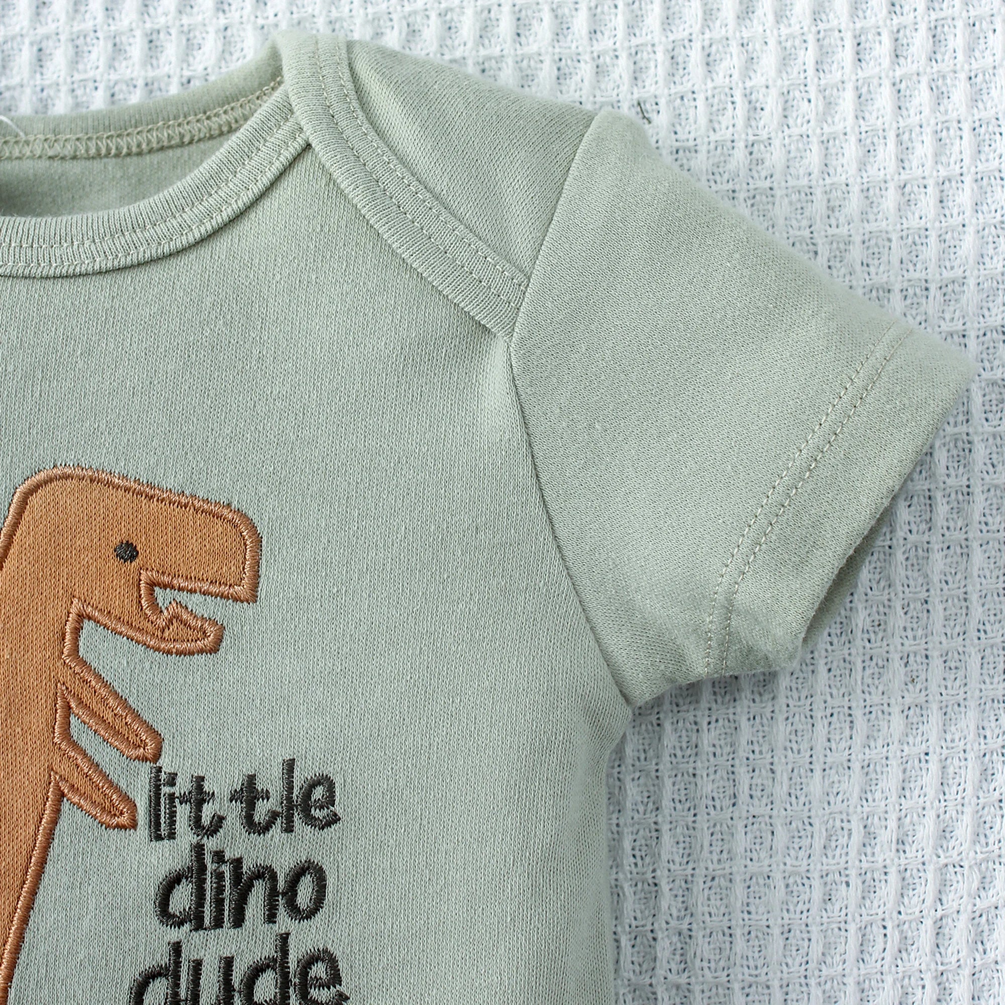 3PCS Baby Bodysuit Three piece Set with Cartoon Dinosaur Pattern and Stripe Pattern Button Design for 0-9 Months Old Boys