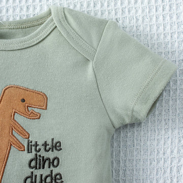 3PCS Baby Bodysuit Three piece Set with Cartoon Dinosaur Pattern and Stripe Pattern Button Design for 0-9 Months Old Boys