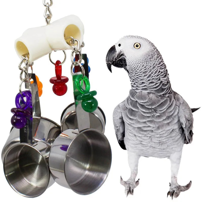 1pcs Pet Bird Parrot Toy 4 Stainless Steel Pots String Bird Chewing Bite Toys Acrylic Cage Accessories Small Pets Birds Supplies