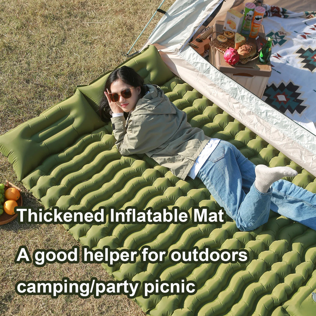 Camping Sleeping Pad 4" Thick for 2 People 3D Corrugated Beach Moisture-proof Pad Inflatable Sleeping Mat for Hiking  Tent