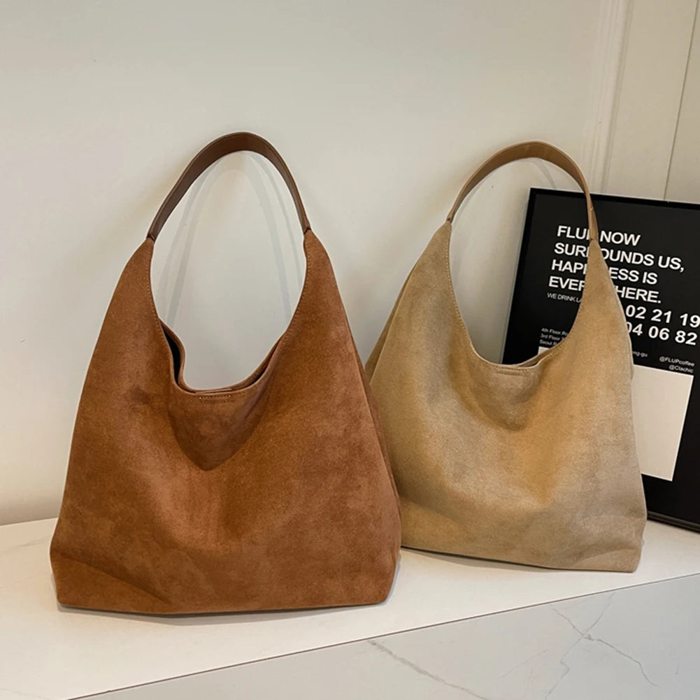 Women Suede Shoulder Bag Large Capacity Vintage Women's Bag Retro Handbag Simple Casual Commuter Bag Autumn Winter Work Travel