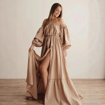 Maternity Photoshoot Dress - Sexy Off-Shoulder Gown Playful Puff Sleeves & Leg-Baring Slit Clothes for Pregnant Women Photograph