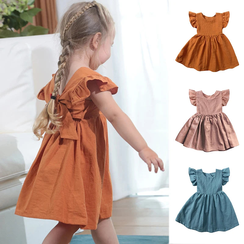 2025 Summer Kids Clothes Baby Girls Dress Short Sleeve Linen Cotton Princess Skirt Party Dresses For 9M-6Y Toddlers