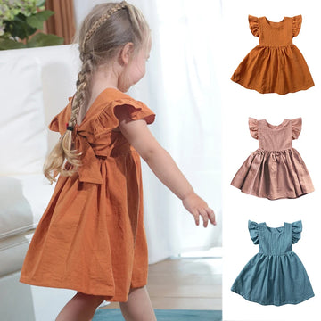 2025 Summer Kids Clothes Baby Girls Dress Short Sleeve Linen Cotton Princess Skirt Party Dresses For 9M-6Y Toddlers