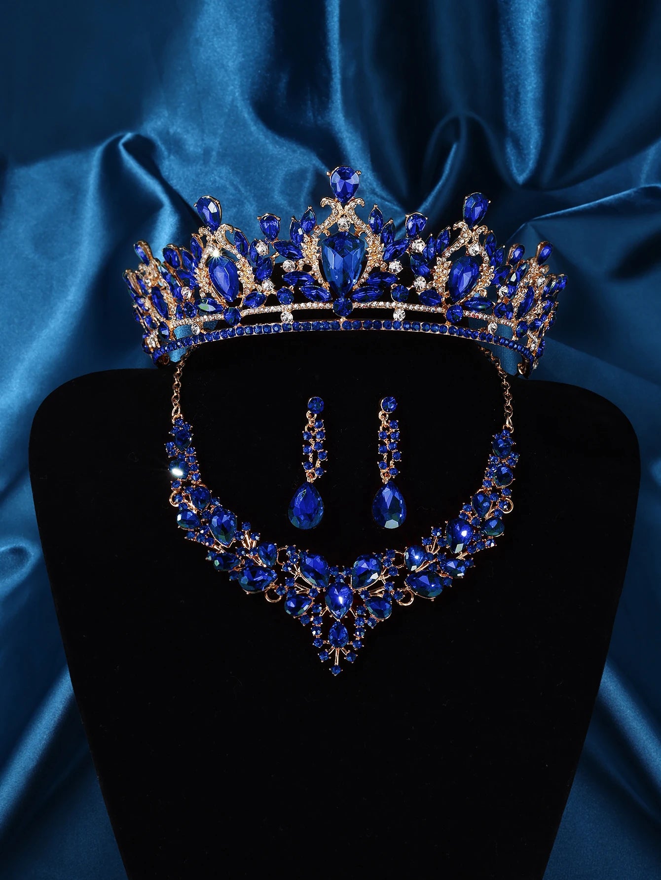 Gorgeous Crystal Blue Bridal Jewelry Set Fashion Tiara Earrings Necklace Set for Women Wedding Crown Jewelry Set