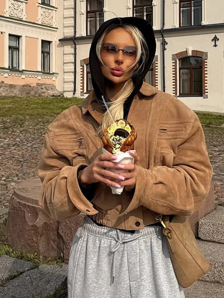 Fashion Brown Short Suede Jacket Women Chic Lapel Long Sleeve Pocket Zipper Cropped Coat Autumn Lady Highstreet Commute Outwear