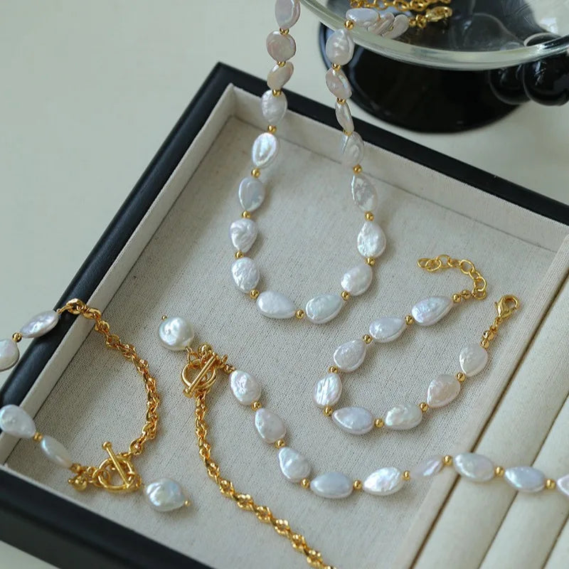 Baroque Pearls Bridal Jewelry Set Gold Color Women Necklace Bracelet Wedding Accessories