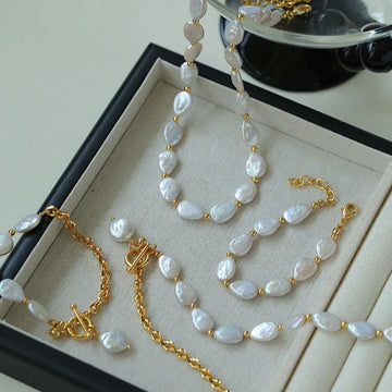Baroque Pearls Bridal Jewelry Set Gold Color Women Necklace Bracelet Wedding Accessories
