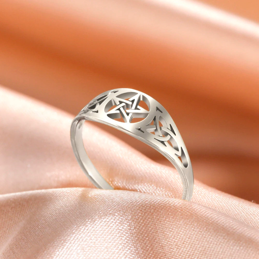 18k Gold Plated Witch Knot Supernatural Pentagram Ring for Women Stainless Steel Celtics Knot Star Amulet Ring