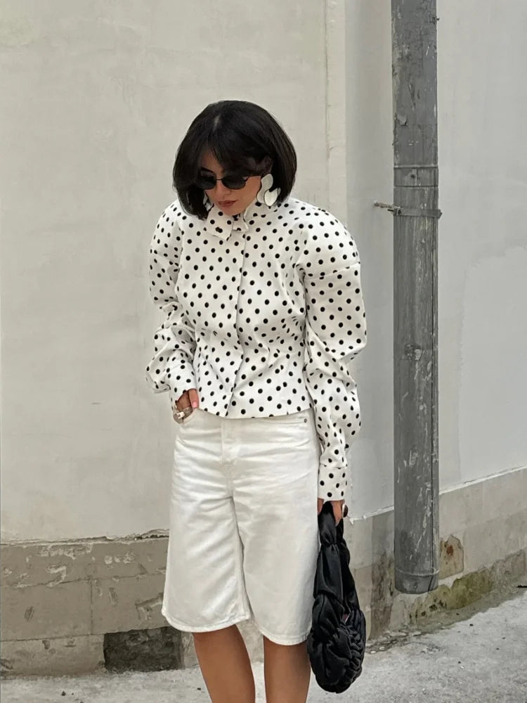 Lady 2025 Autumn Outfits Fashion Polka Dot Shorts & Pants Set For Women Loose Stand Collar Zipper Jacket Wide Leg Trouser Suit