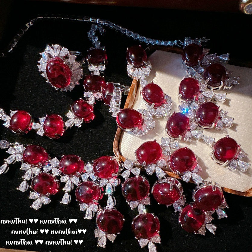 Fashion Women's S925 Silver Jewelry Set Geometric Lab Ruby Necklace Earrings Ring Bracelet Elegant Party Jewelry Wedding Jewelry