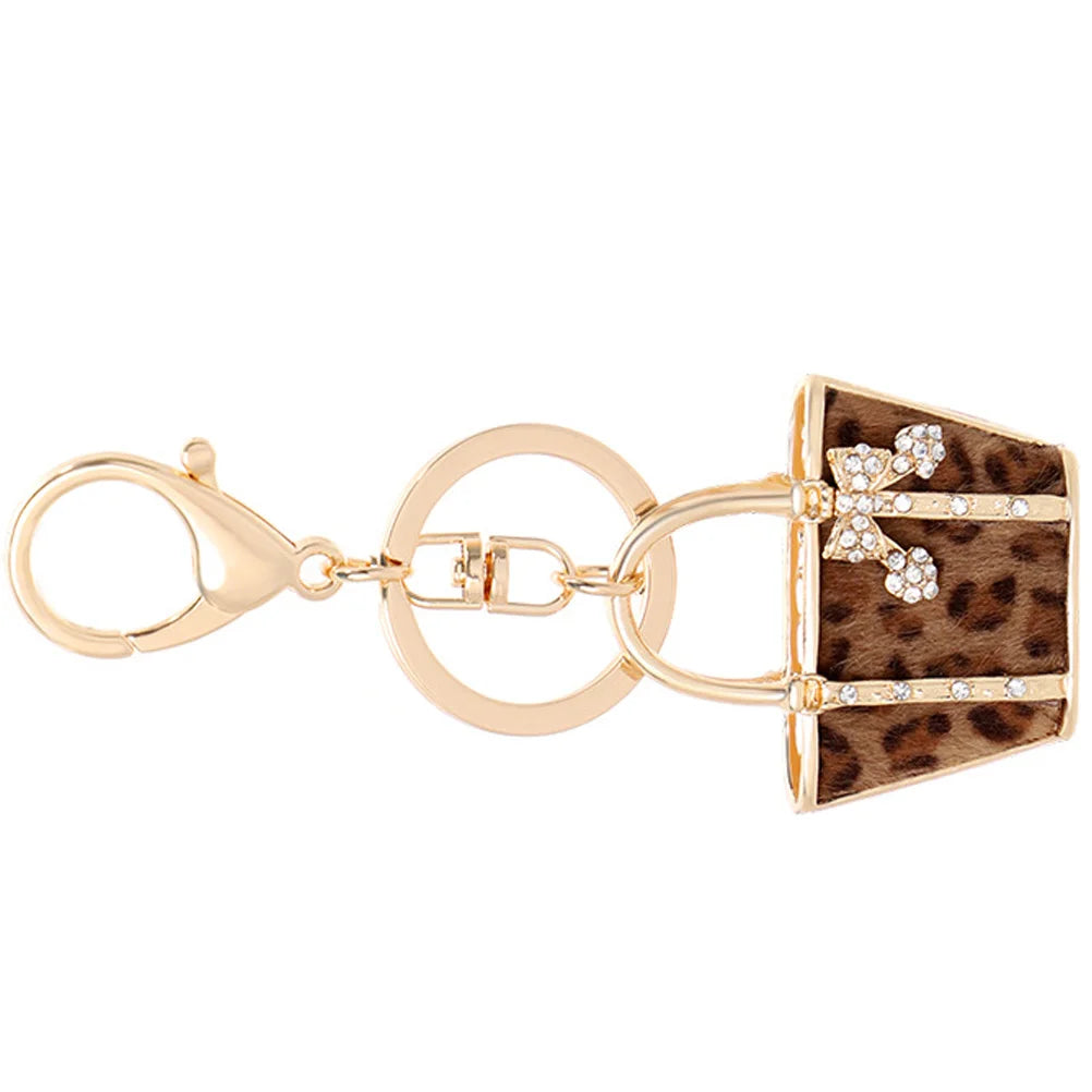 Bling Leopard Print Rhinestone Keychain Unique Car Accessories Women Crystal Charm Wallet Decorative Bag Key Chains Handbag
