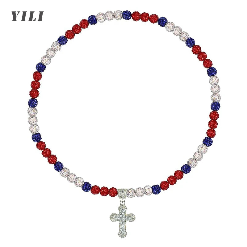 Bling Ice Collection Baseball Necklace for Boys Cross Pendant Necklace Colorful Rhinestone Beads Beaded Necklace for Men Women